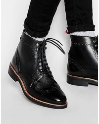 Asos Brand Brogue Boots In Black Leather With Red Pull Tab