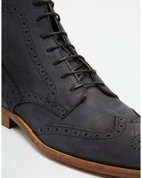 Asos Brand Brogue Boots In Washed Black Leather