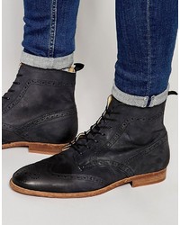 Asos Brand Brogue Boots In Washed Black Leather