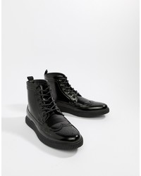 ASOS DESIGN Brogue Boots In Black Faux Leather With Creeper Sole