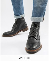 Dune Wide Fit Brogue Boots In Black Leather