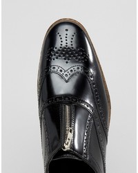 Asos Brogue Shoes In Black Leather With Center Zip