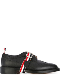 Thom Browne Classic Long Wingtip Brogue With Red White And Blue Grosgrain Strap In Black Pebble Grain