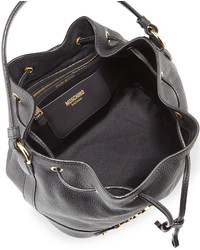 Moschino Logo Leather Drawstring Shoulder Bag Black