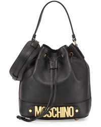 Moschino Logo Leather Drawstring Shoulder Bag Black