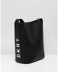 DKNY Metal Logo Leather Bucket Bag In Black Leather