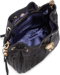Neiman Marcus Woven Faux Leather Bucket Bag Black