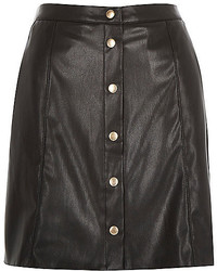 River Island Black Leather Look Button Up Skirt