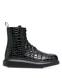 Alexander McQueen Crocodile Effect Hybrid Lace Up Boots