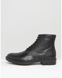 Asos Lace Up Boots In Black Scotchgrain Leather With Toe Cap