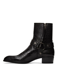 Saint Laurent Black Croc Wyatt Harness Boots