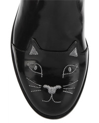 Charlotte Olympia Chelsea Cats Leather Ankle Boots Black