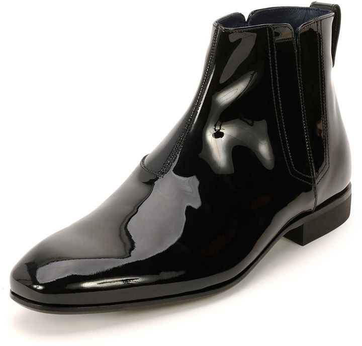 Salvatore Ferragamo Mister Patent Hidden Gore Chelsea Boot Black, | Neiman | Lookastic