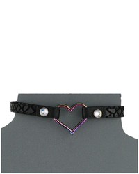 Betsey Johnson Black Leather Choker Necklace With Oil Slick Heart Necklace