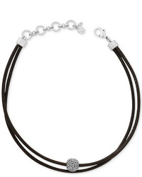 Lucky Brand Silver Tone Black Leather Crystal Choker Necklace