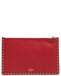 Valentino Large Rockstud Pebbled Leather Pouch Red
