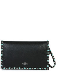 Valentino Rockstud Turquoise Medium Flap Clutch Bag Black