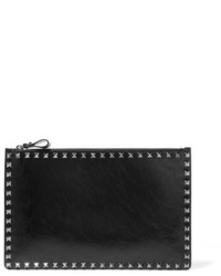 Valentino The Rockstud Cracked Glossed Leather Pouch Black