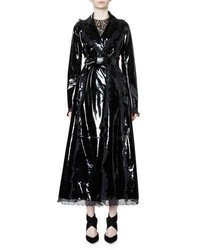 Lanvin Belted Patent Leather Trench Coat Wruffle Trim Black