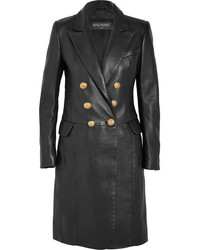 Balmain Double Breasted Leather Coat Black