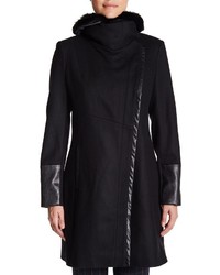 Rachel Roy Faux Fur Trim Asymmetrical Wool Blend Coat