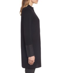 Eileen Fisher Leather Detail Wool Sweater Coat
