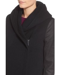 Elie Tahari Marlena Leather Sleeve Hooded Wool Blend Coat