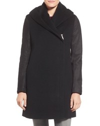 Elie Tahari Marlena Leather Sleeve Hooded Wool Blend Coat
