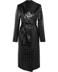 ATTICO Snake And Crocodile Effect Glossed Leather Trench Coat Black