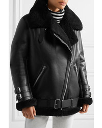 Acne Studios Velocite Shearling Trimmed Leather Biker Jacket Black