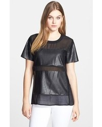 Harlowe and Graham Perforated Faux Leather Chiffon Tee Black Large
