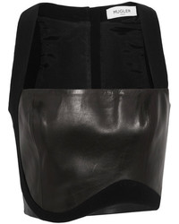 Thierry Mugler Mugler Cropped Crepe Trimmed Leather Top Black