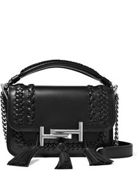 Tod's Double T Small Tasseled Whipstitched Leather Shoulder Bag Black