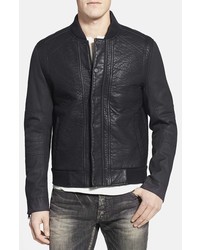 Rogue Faux Leather Varsity Jacket With Denim Sleeves