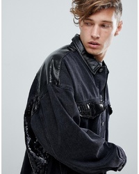 ASOS DESIGN Oversized Denim Jacket With Vinyl And Sequin Panels In Black