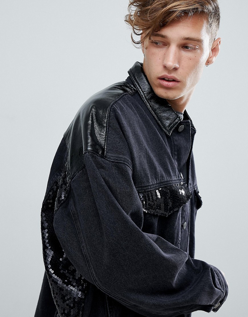 ASOS Oversized Denim Jacket In Black With Patches