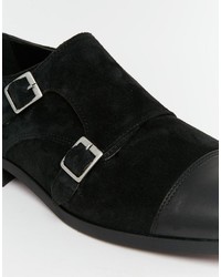 Asos Brand Monk Shoes In Black Suede With Leather Toe Cap
