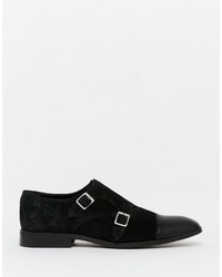 Asos Brand Monk Shoes In Black Suede With Leather Toe Cap