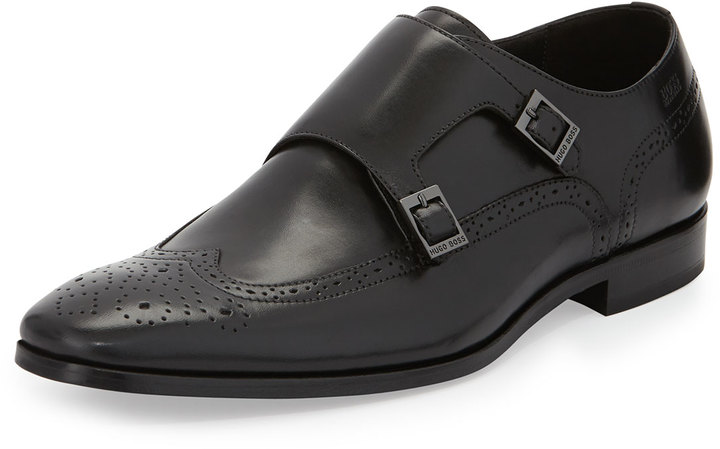 Hugo Boss Maxo Leather Wing Tip Monk Strap Shoes Black | Where to buy ...