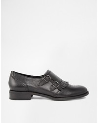 Bertie Livia Flat Buckle Monk Shoes Black Leather