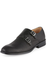 Neiman Marcus Logan Double Monk Perforated Leather Loafer Black