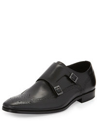 Hugo Boss Maxo Leather Wing Tip Monk Strap Shoes Black