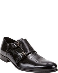 Barneys New York Patent Double Monk Shoes Black