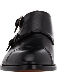 Barneys New York Saffiano Cap Toe Double Monk Shoes Black