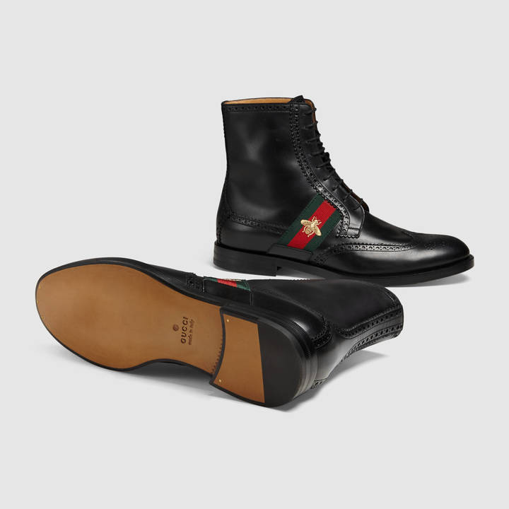 Gucci Leather Lace-up With Bee Web In Nero, ModeSens