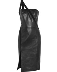 Thierry Mugler Mugler One Shoulder Crepe Trimmed Leather Dress Black