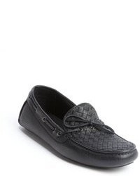 Bottega Veneta Black Intrecciato Leather Boat Stitched Slip On Driving Shoes