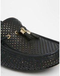 Asos Brand Driving Shoes In Black With Perforated Gold Detailing