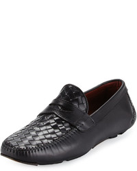 Neiman Marcus Woven Calf Leather Penny Driver Black