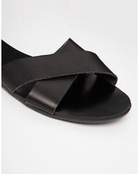 Pieces Black Leather Sara Flat Sandals